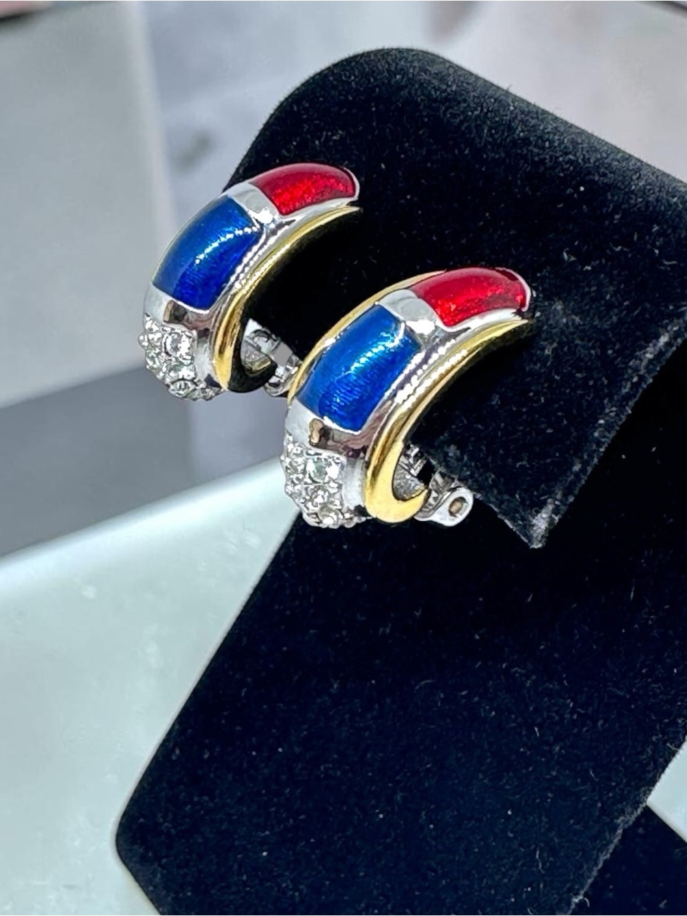 Designer Red White & Blue Crystal Rhinestone Earrings Enamel Clip On Ann Hand
